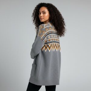 Lucky Brand Fair Isle Open Front Cardigan Sweater Gray Boho Cotton Blend S